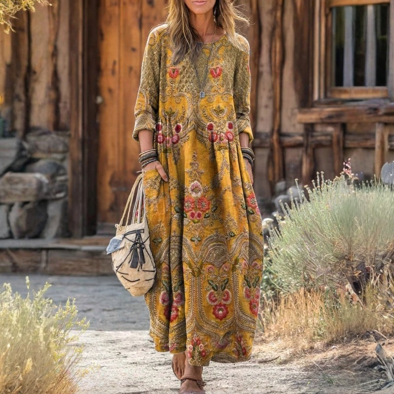 【Långärmad】 Vintage Klänning Med Blommönster