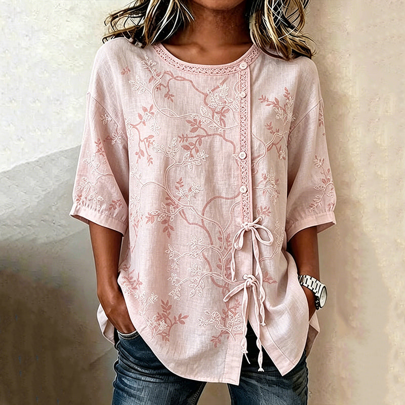 Vintage Blus Med Bladtryck