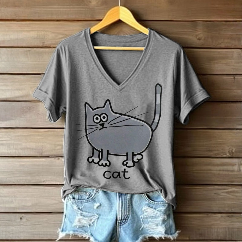 Casual T-Shirt Med Katttryck