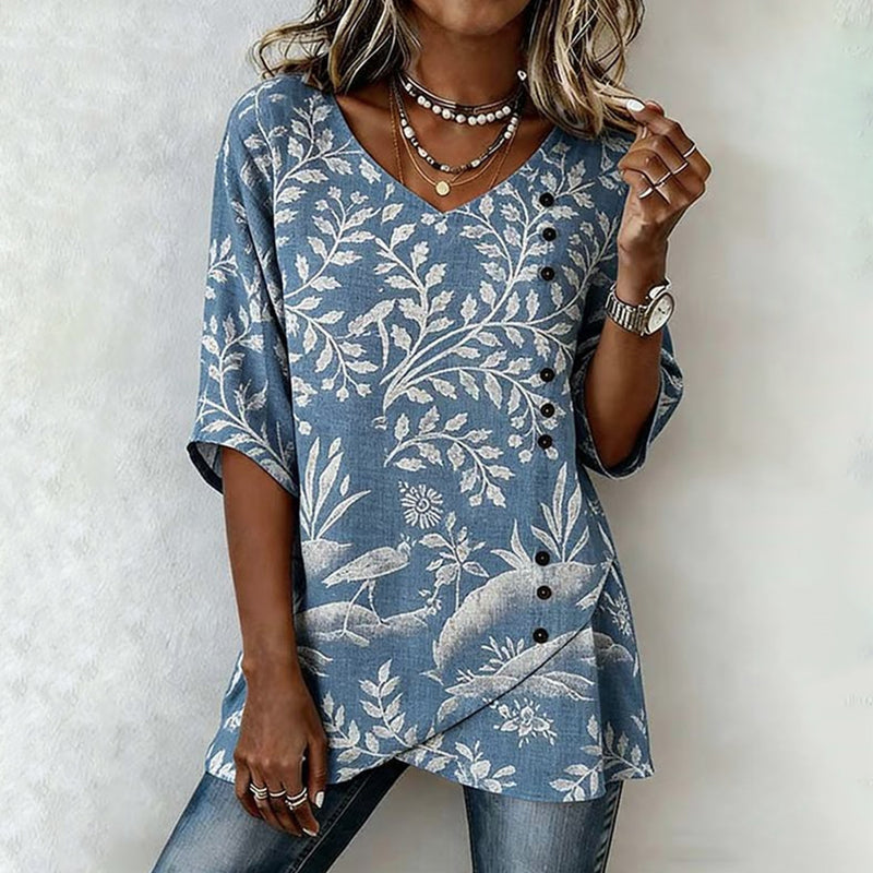 Vintage Blus Med Bladtryck