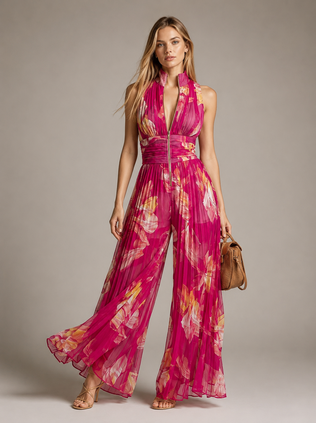 Leila| Plisserad Blommig Jumpsuit i Fuchsia™