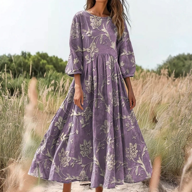 【Långärmad】 Vintage Klänning Med Blommönster