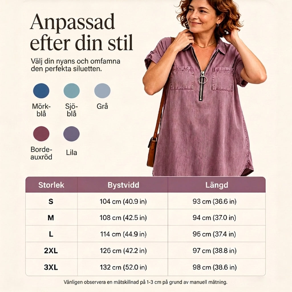 ⌛ Tidsbegränsat erbjudande – Avslappnad jeansklänning för dam, oversize-passform, med krage, korta ärmar, dragkedja och fickor