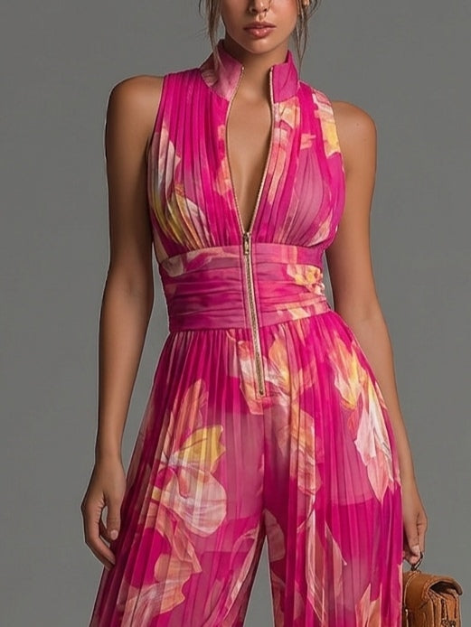 Leila| Plisserad Blommig Jumpsuit i Fuchsia™